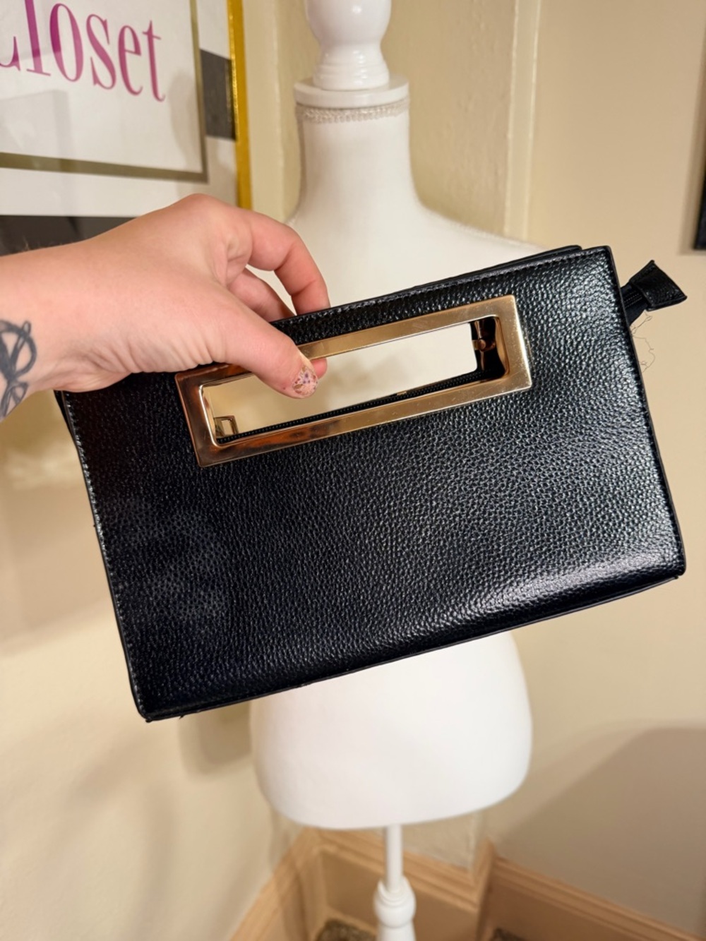Classic Black Clutch Wristlet with Gold Handle‎ Accent